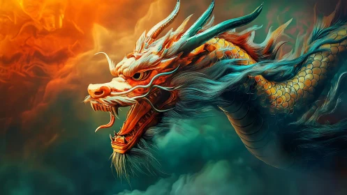 Fiery oriental dragon head in swirling colored clouds.
