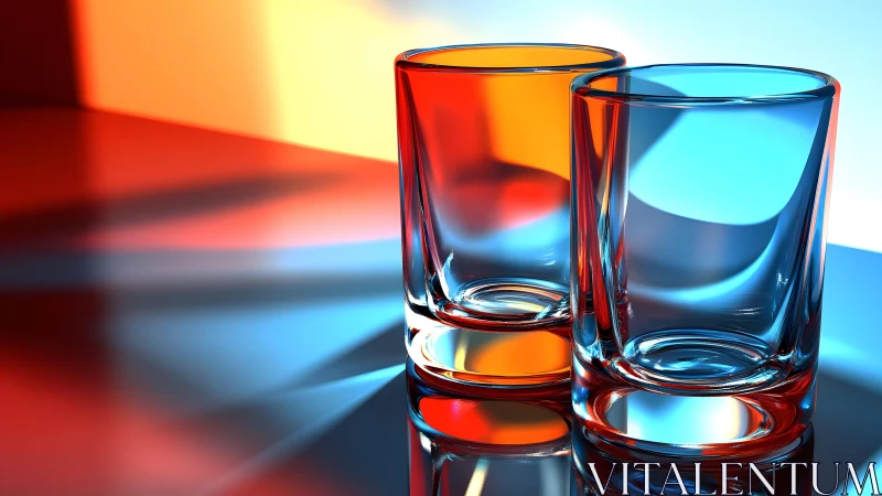 Two empty glass tumblers with vivid red and blue reflections, modern style.