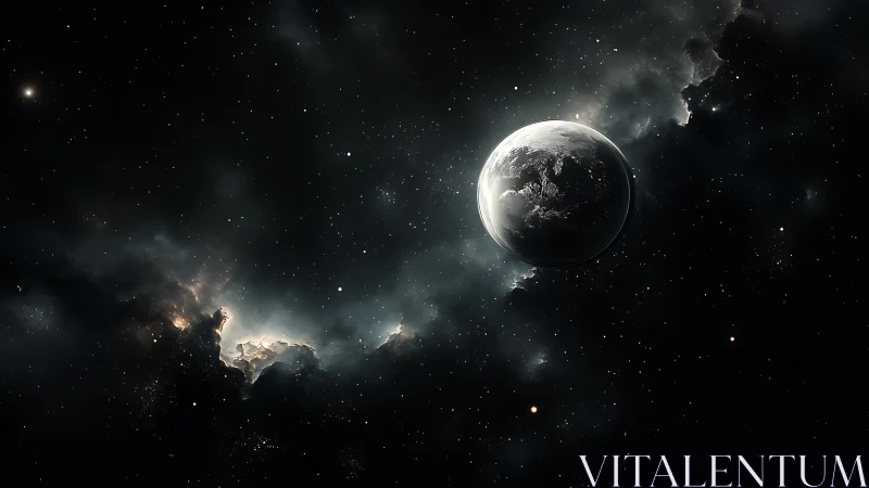 Planet in dense star field with surrounding nebular clouds.