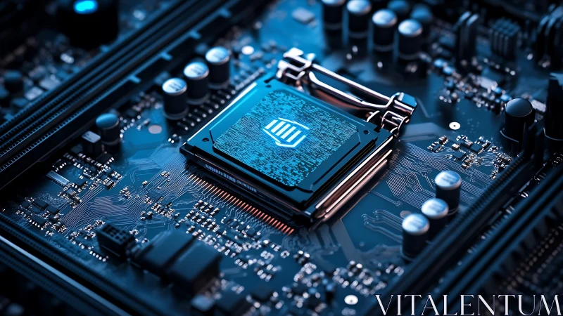 Close view of illuminated CPU on dense blue motherboard.