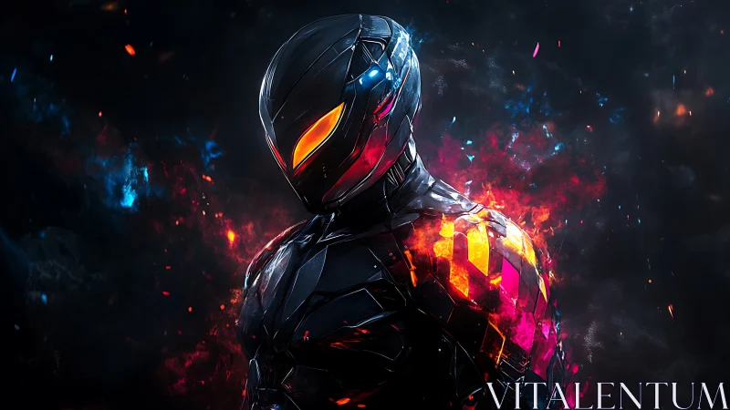 Armored futuristic cyborg hero in glowing firestorm scene.