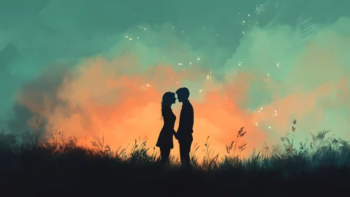 Silhouetted Romance Against Ethereal Sunset Gradient.