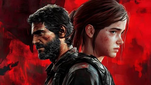 Two armed survivors stand back to back against red backdrop