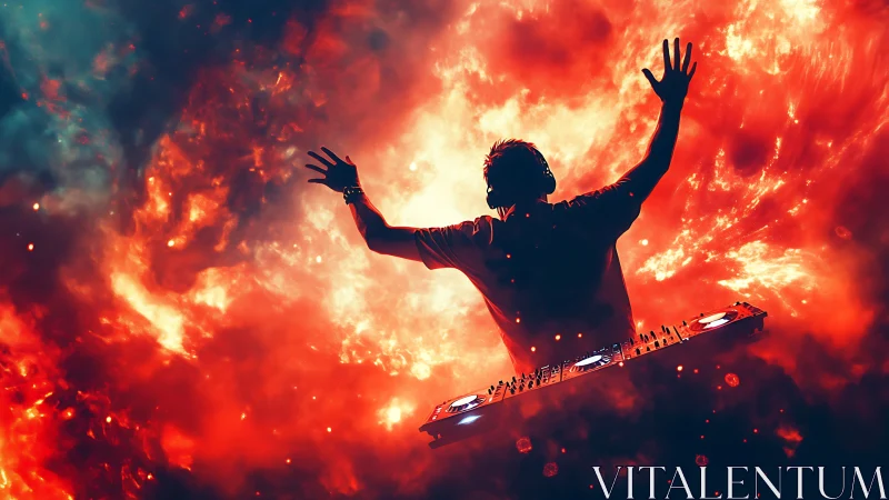 Silhouetted DJ with mixing console amid abstract flames.