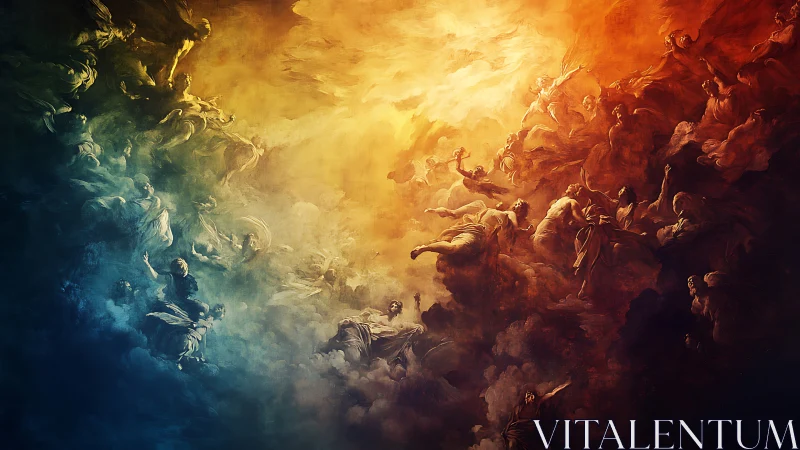 Radiant celestial gathering in swirling golden and blue skies.