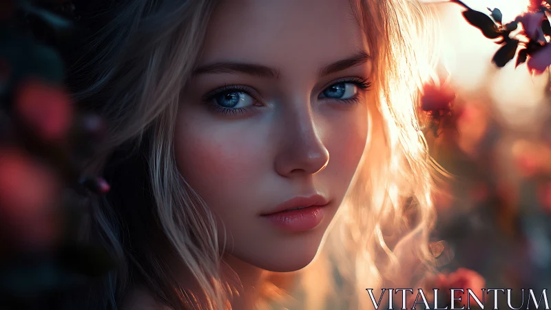 Close female portrait in soft backlight among flowers.