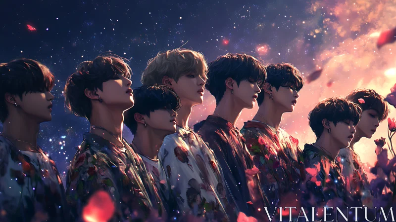 Celestial boy band line-up under luminous cosmic dusk.