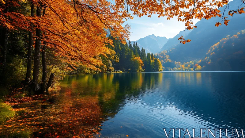 Golden lakeside autumn where mountains meet still water.