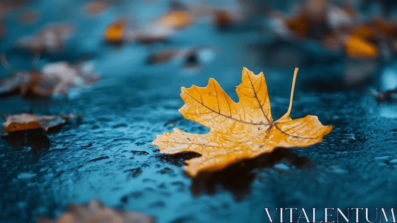 Golden autumn leaf rests on glistening rain-soaked pavement