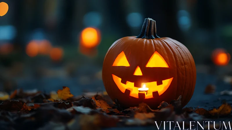 Jack-o-lantern grins in candlelit dusk among fallen leaves.