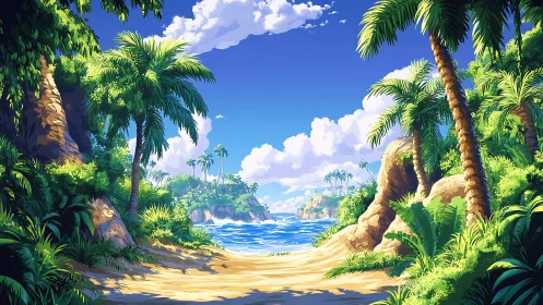 Tropical Beach Cove with Palm Trees and Ocean View