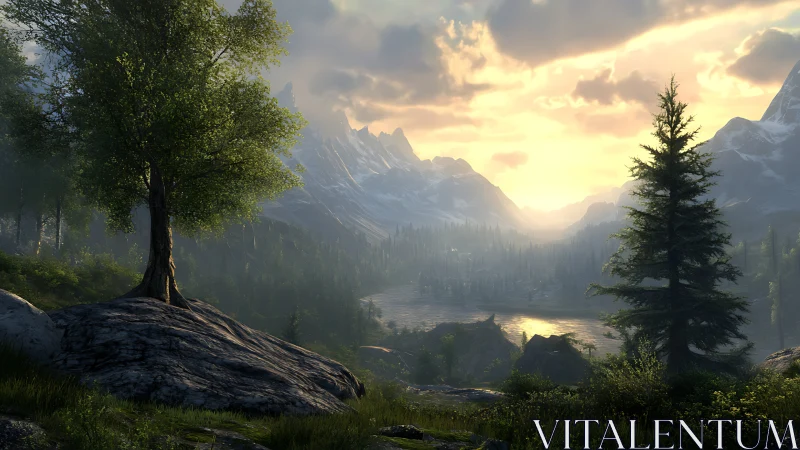 Sunlit alpine valley with misted lake and rugged pines.