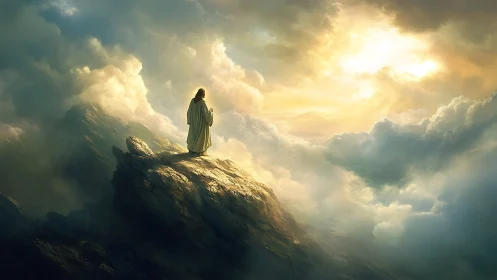 Lone robed wanderer contemplates a sunlit kingdom of clouds
