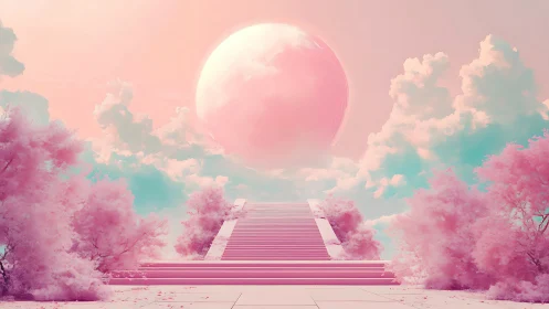 Dreamlike pastel stairway under celestial opaline sphere.