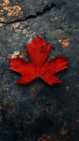 Red maple leaf rests on dark stone with rich autumn contrast.