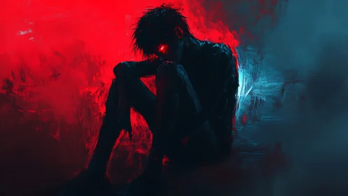 Silhouetted figure with glowing eyes in red blue contrast.