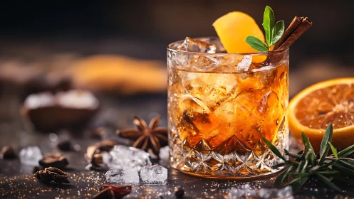 Artisanal Cocktail with Amber Spirits, Cinnamon Stick Garnish, and Botanical Ice Composition