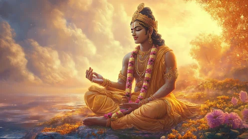 Divine figure meditates in golden light beside tranquil waters