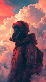 Person in red hazmat suit standing in vivid sunset clouds.