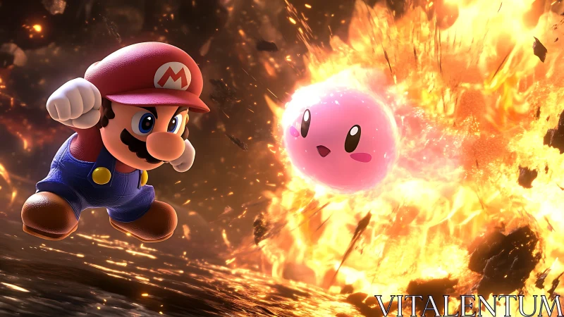 Mario and Kirby in dynamic fiery action scene.