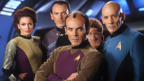 Starfleet officers in alien prosthetics pose under studio lighting