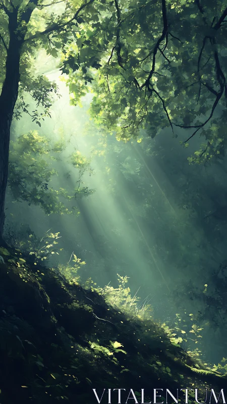 Sunlight shafts through dense forest canopy on slope.