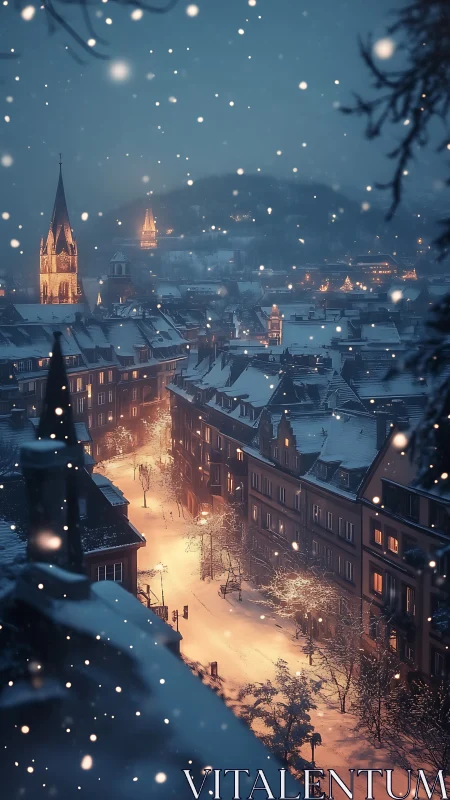 Photorealistic snowy European townscape with warm street glow.