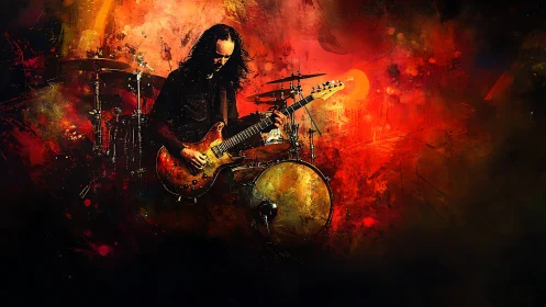 Digital painting of guitarist on stage in fiery abstract haze.