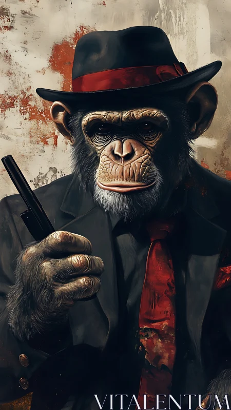Chimpanzee in formal suit holding firearm against worn wall.