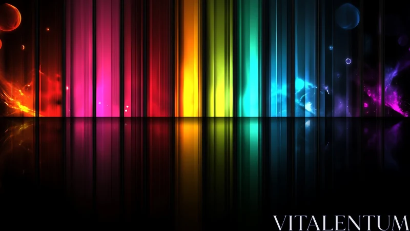 Chromatic light pillars over reflective digital horizon.