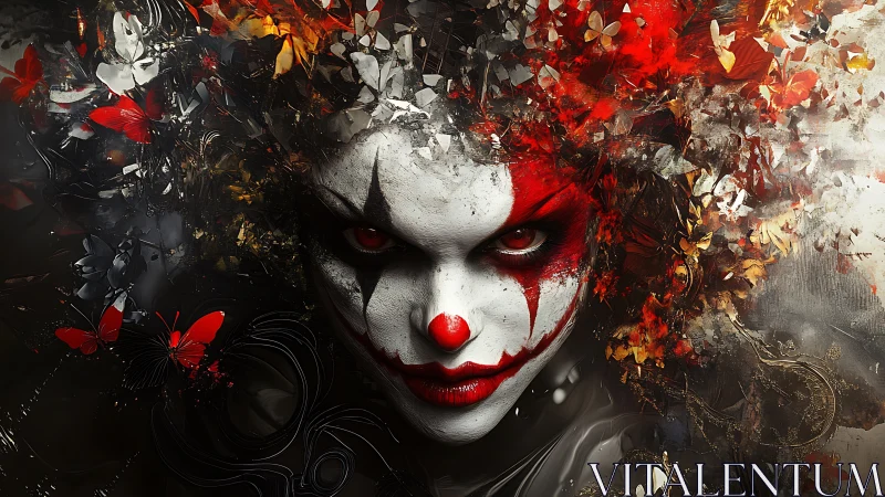 Sinister clown portrait merges face paint with flaming flora