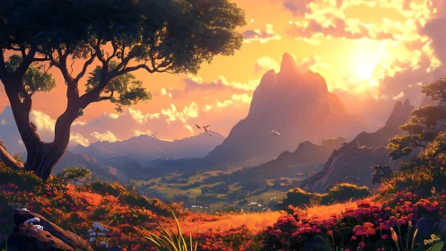 Sunlit valley dreaming beneath a blazing ember summit.