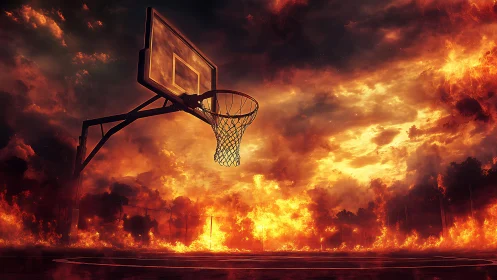 Basketball hoop stands amid apocalyptic firestorm sky.