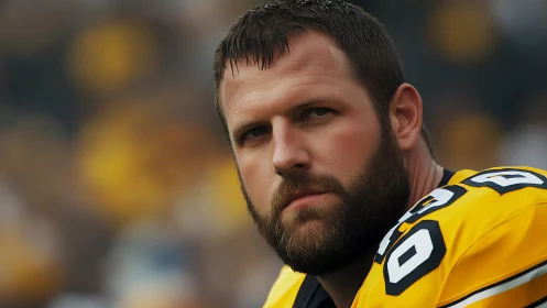 Focused football player in bold yellow jersey on field.