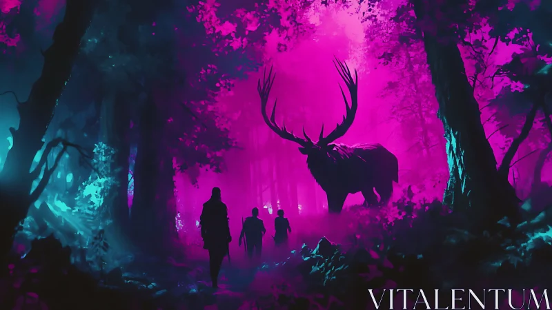 Silhouetted figures and stag in neon illuminated forest.