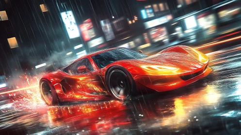 Red supercar drifting on wet neon city street at night.