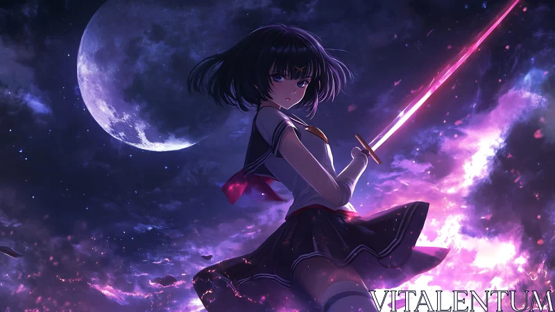 Moonlit schoolgirl warrior carving starlight with neon blade.