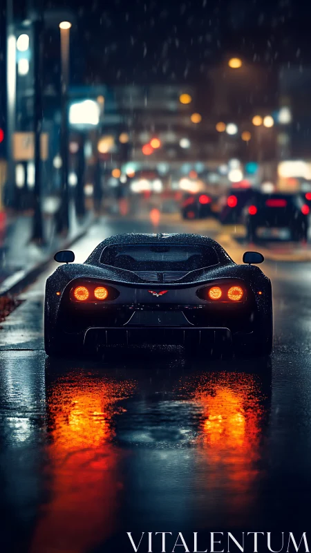 Supercar rear profile on neon rain-soaked city street.