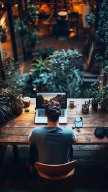 Remote worker types at laptop in lush indoor workspace