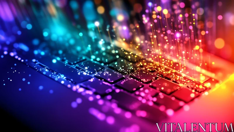 Glowing rainbow data sparks dancing over a laptop keyboard.