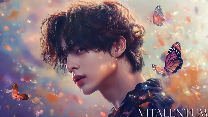 Ethereal portrait with butterflies and luminous bokeh glow.