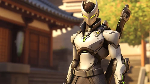 Cyborg warrior in sleek armor under warm courtyard light.