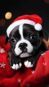 Christmas puppy rests on red velvet blanket under lights.