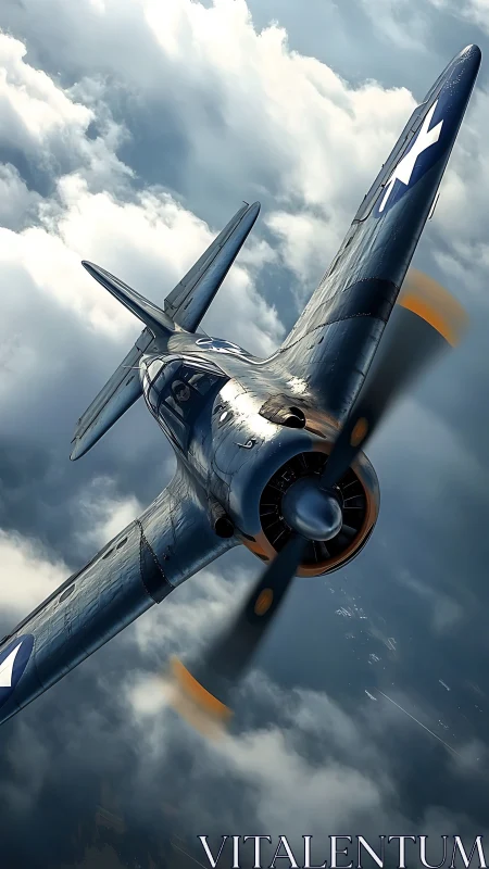Wartime fighter plane dives through storm clouds in sky.