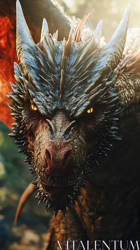 Sunlit spiked dragon close-up with molten amber eyes.