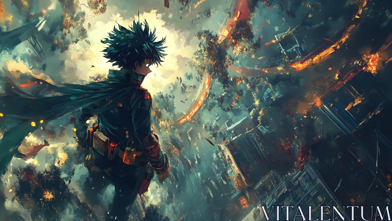 Heroic observer amid vortex of incendiary urban collapse.