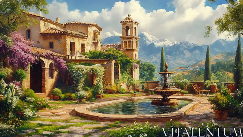 Mediterranean courtyard with fountain and mountain backdrop.