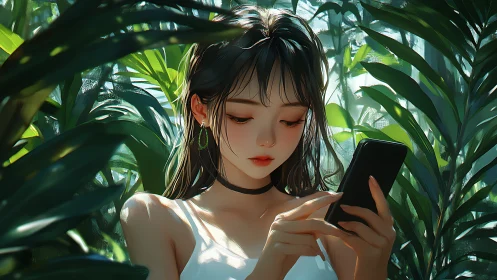 Digital daydreamer texting softly beneath lush jungle leaves.