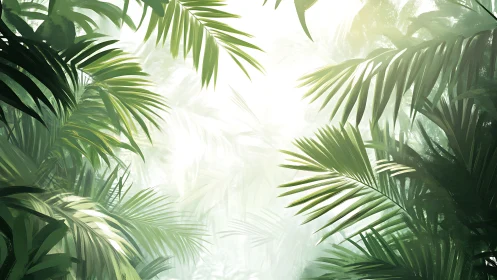 Dense tropical jungle foliage under bright hazy light.