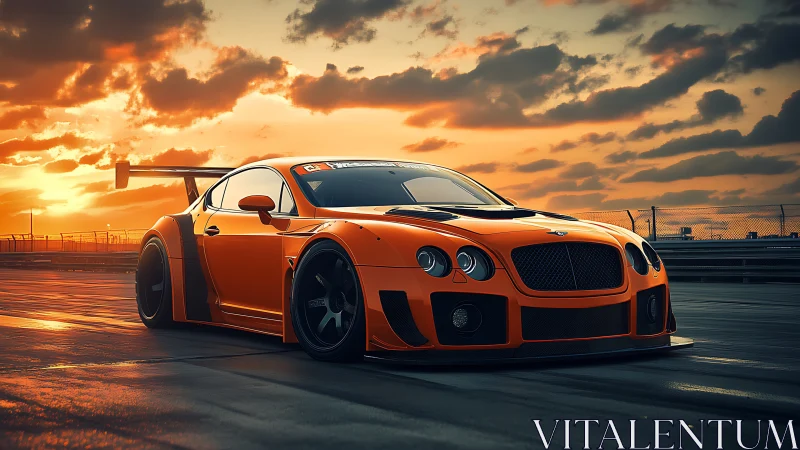 Sunlit orange GT supercar on wet racetrack at dusk.